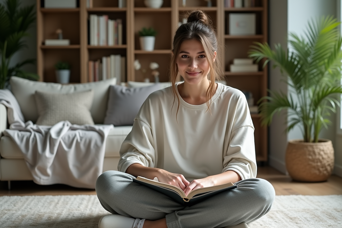 Femme en athleisure journalisant dans un salon cosy