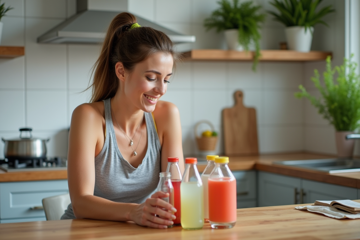 Femme souriante choisissant une boisson d énergie dans la cuisine