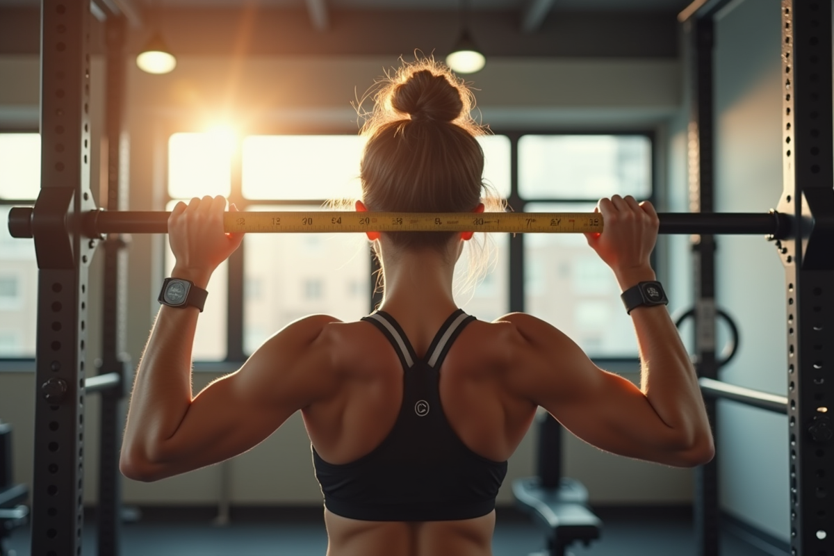 Jeune femme mesurant la distance entre ses mains sur une barre intérieure