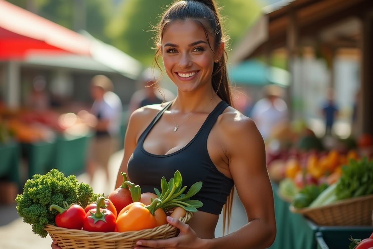 Femme musclée tenant un panier de légumes frais au marché en plein air