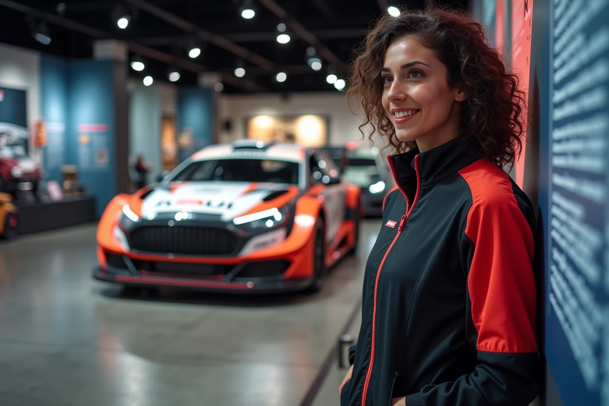 Femme admirant une voiture de rallye dans un musée automobile moderne, ambiance passionnée et authentique