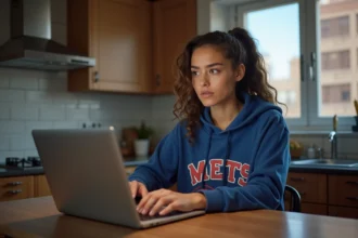 Jeune femme en hoodie Mets examine son écran à la maison