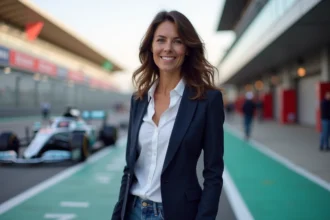 Femme élégante et souriante dans un paddock de course automobile, ambiance motorsport authentique