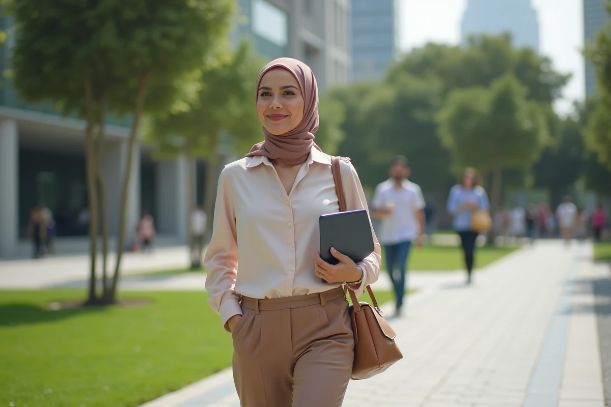 Femme confiante marchant dans un parc urbain avec tablette