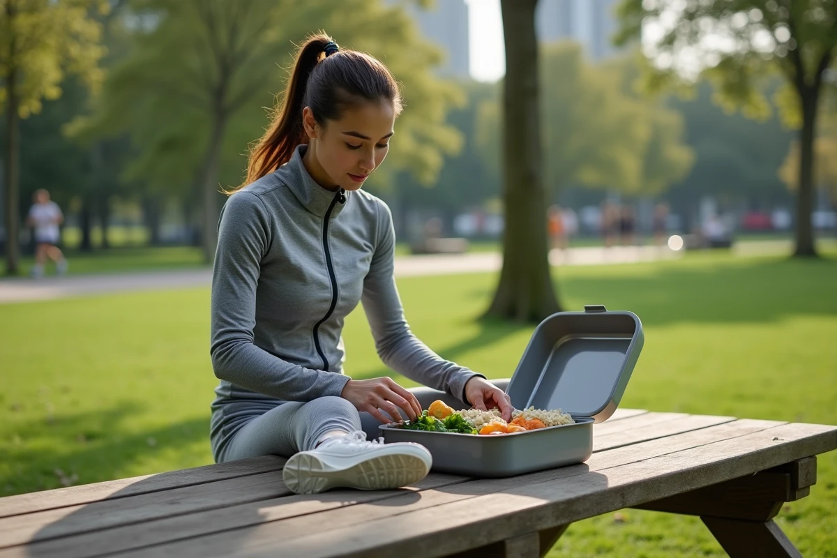 Femme athlète préparant sa lunchbox dans un parc