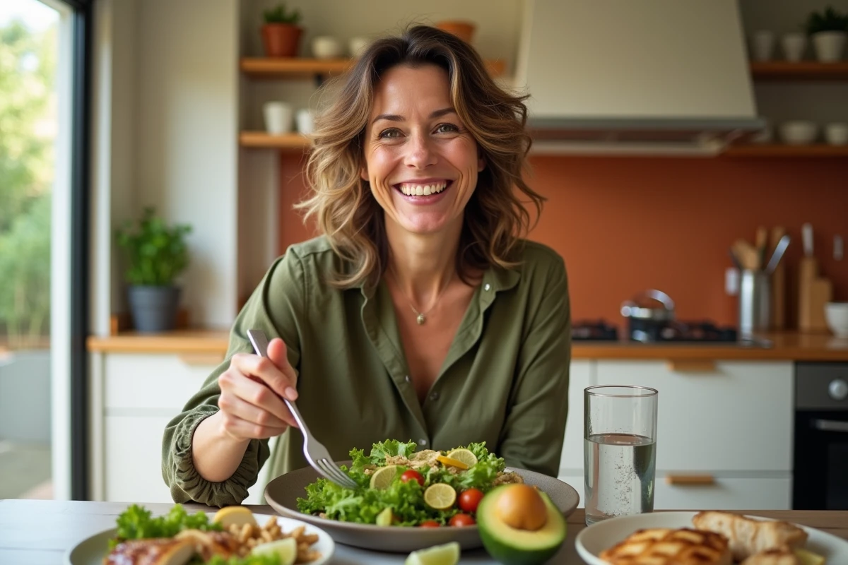 Femme préparant un repas équilibré et sain dans une cuisine moderne pour aider à réduire la graisse abdominale