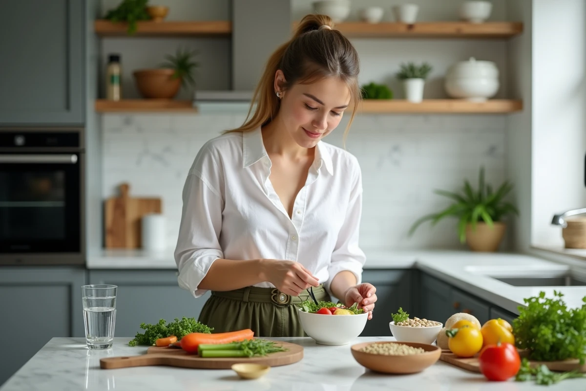 Femme préparant un repas sain à base de légumes pour réduire le ventre naturellement sans régime strict