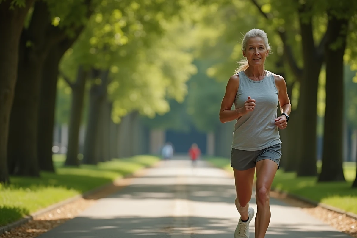 Femme reprenant la course à pied dans un parc ombragé d'Aix-en-Provence, accompagnée d'un programme de remise en forme