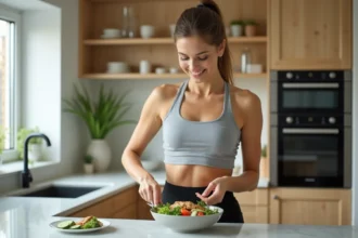 Femme préparant une salade saine dans une cuisine moderne pour perdre du ventre