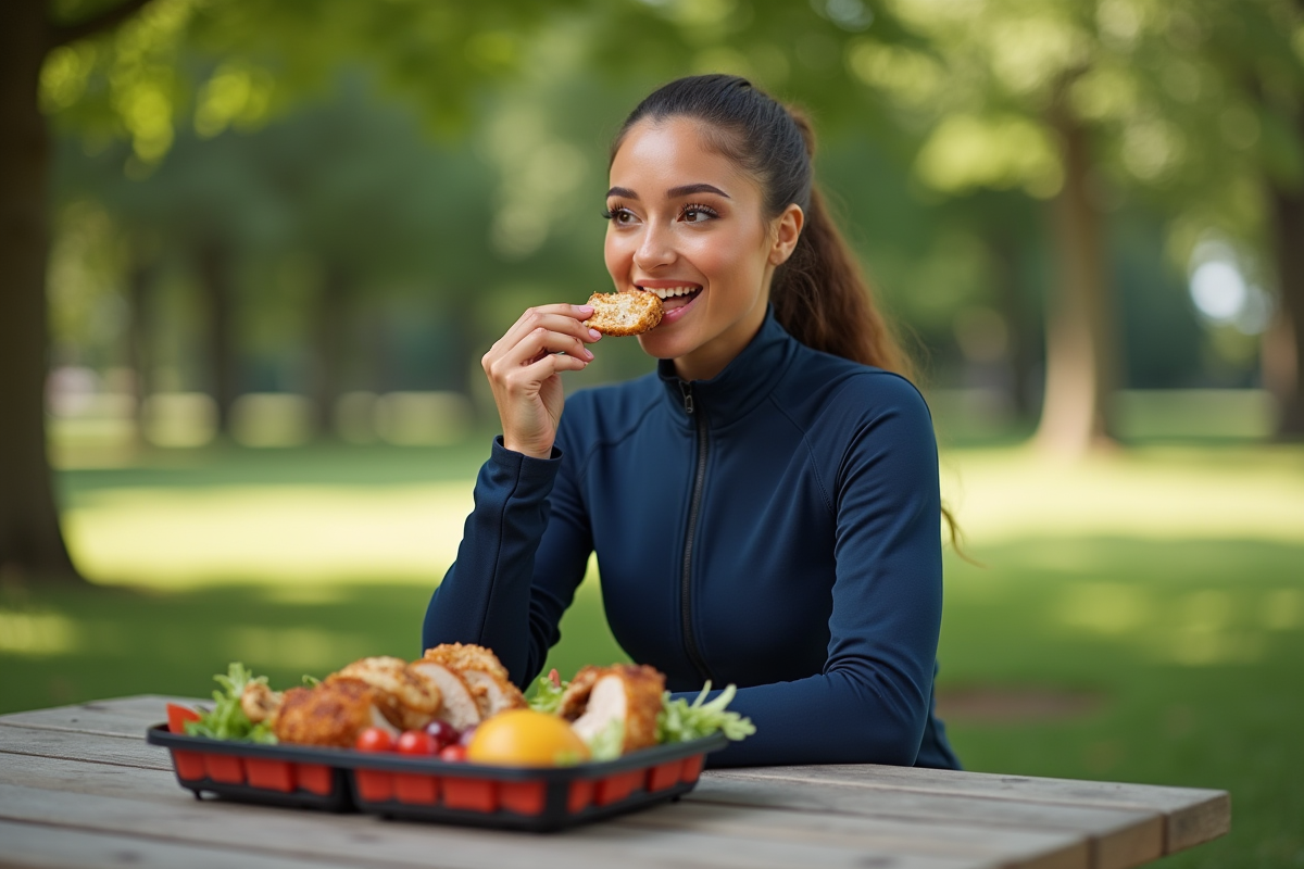 Jeune femme sportive dégustant un repas sain en plein air dans un parc