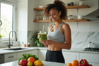 Femme sportive préparant un smoothie healthy dans une cuisine moderne pour perdre du ventre