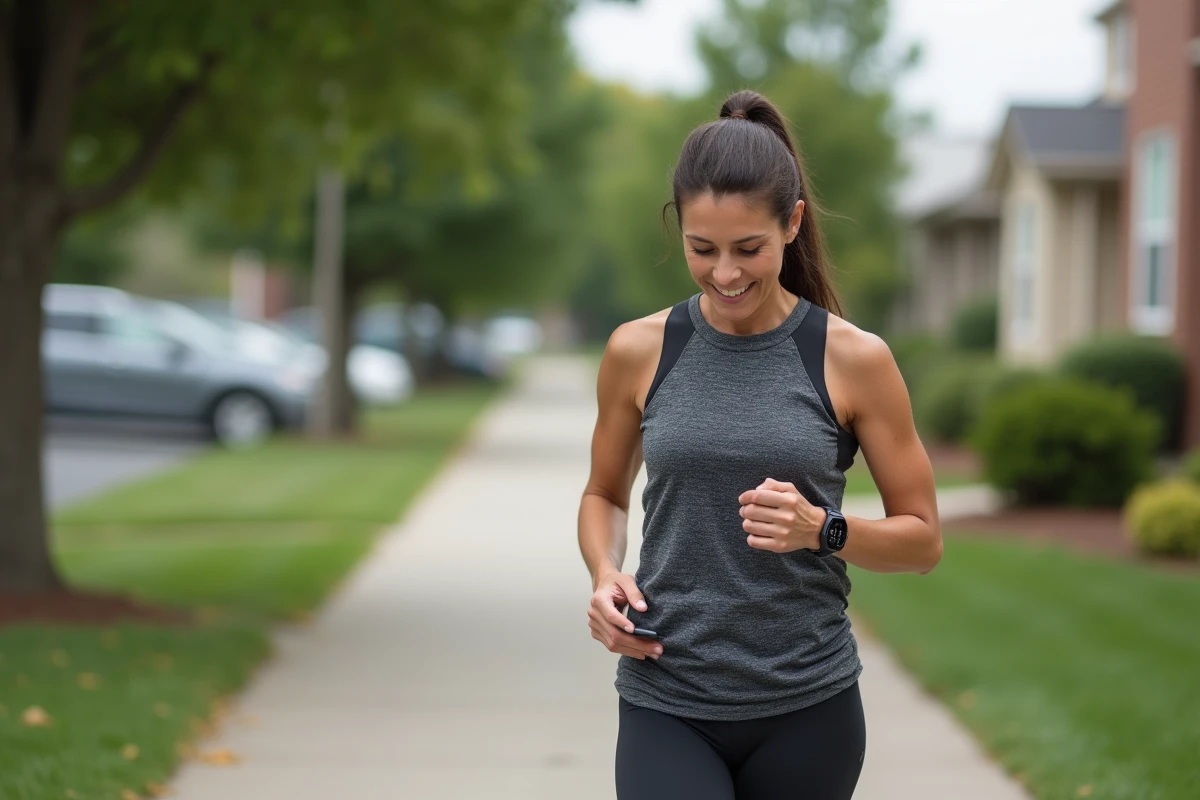 Femme d'âge moyen en tenue de sport vérifiant sa montre connectée