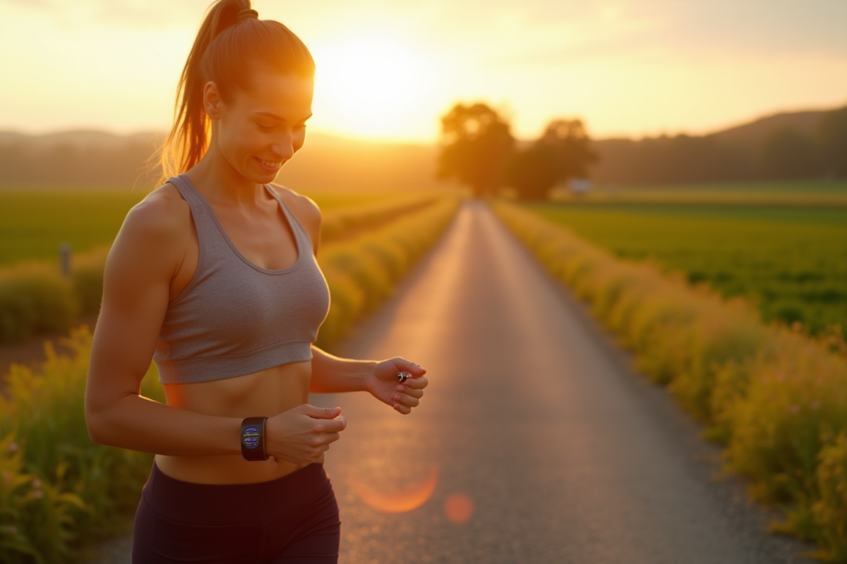Femme active vérifiant son tracker de fitness en campagne
