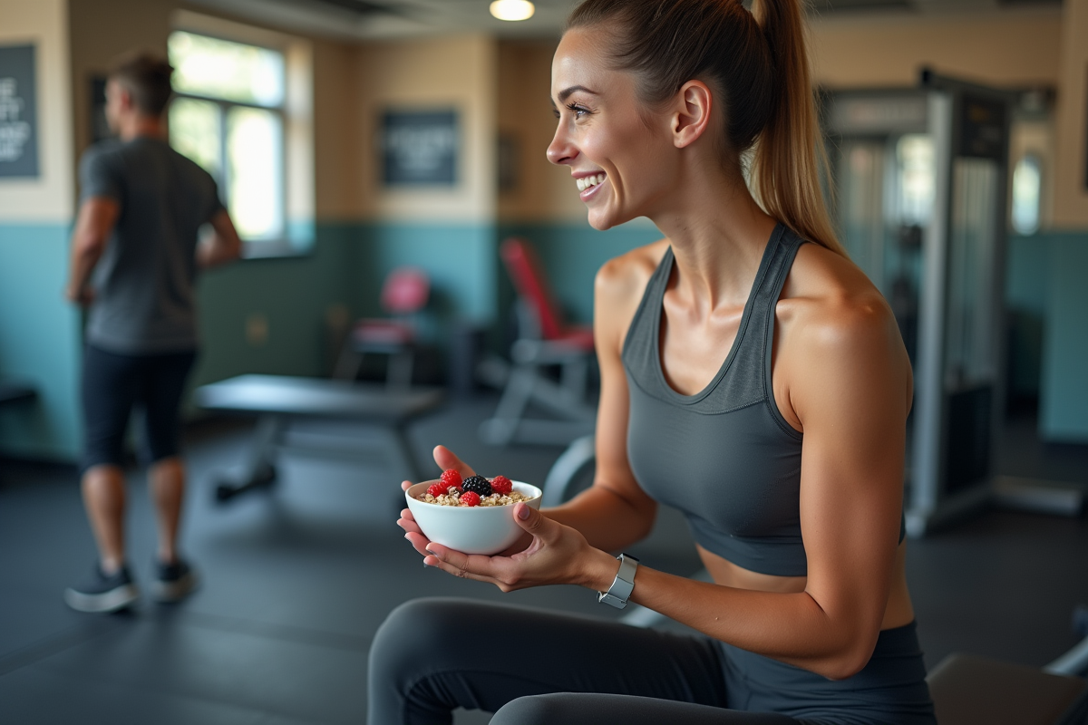 Jeune femme sportive mangeant de l'avoine dans une salle de sport