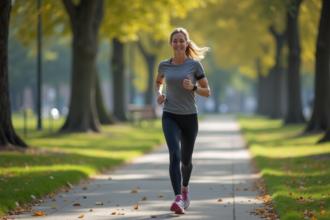 Femme sportive marchant dans un parc en pleine nature