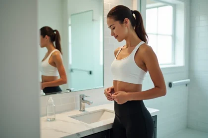 Femme sportive mesurant sa taille devant un miroir de salle de bain pour illustrer la perte de graisse abdominale