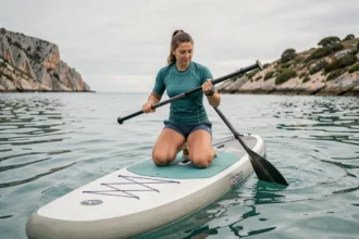 Femme sur un stand-up paddleboard en mer ajustant sa pagaie en carbone, équipement SUP complet visible