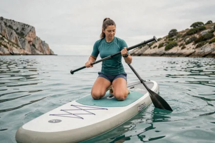 Femme sur un stand-up paddleboard en mer ajustant sa pagaie en carbone, équipement SUP complet visible