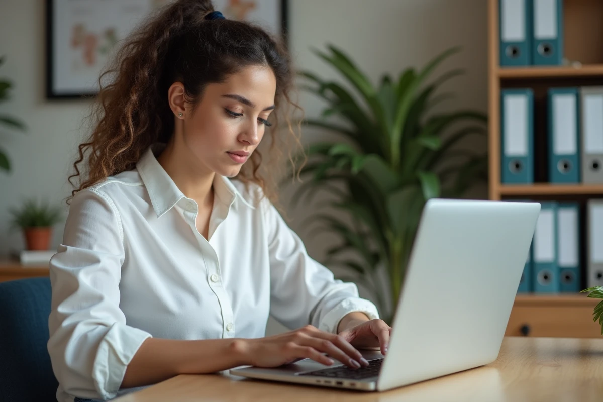 Jeune femme concentrée sur son ordinateur pour l'extranet JUDO