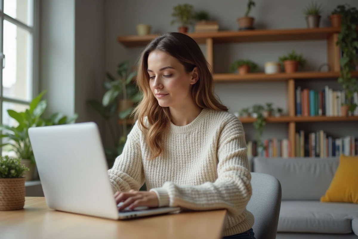Jeune femme concentrée travaillant sur son ordinateur à la maison