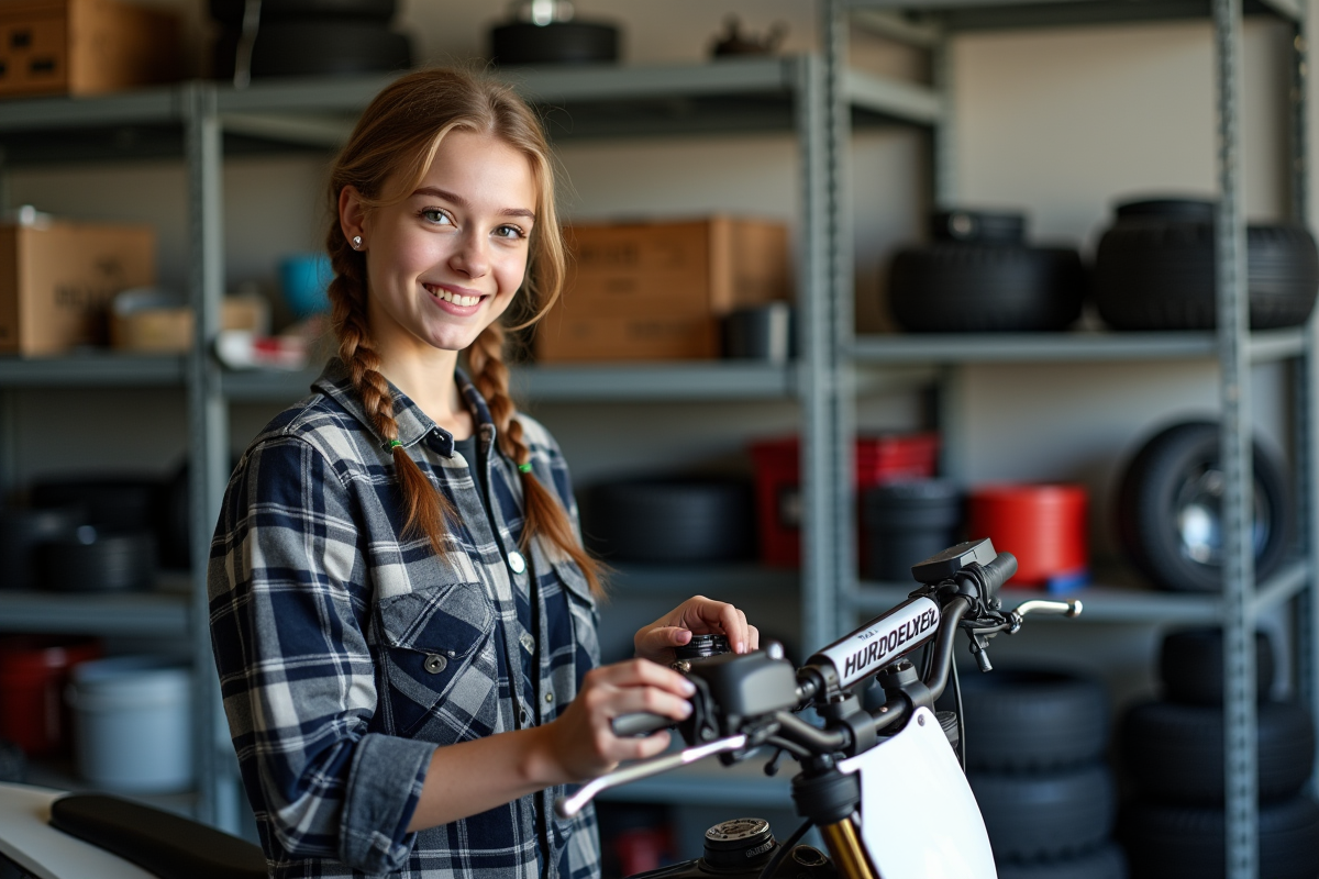 Adolescente vérifiant le filtre à air de sa moto dans un garage