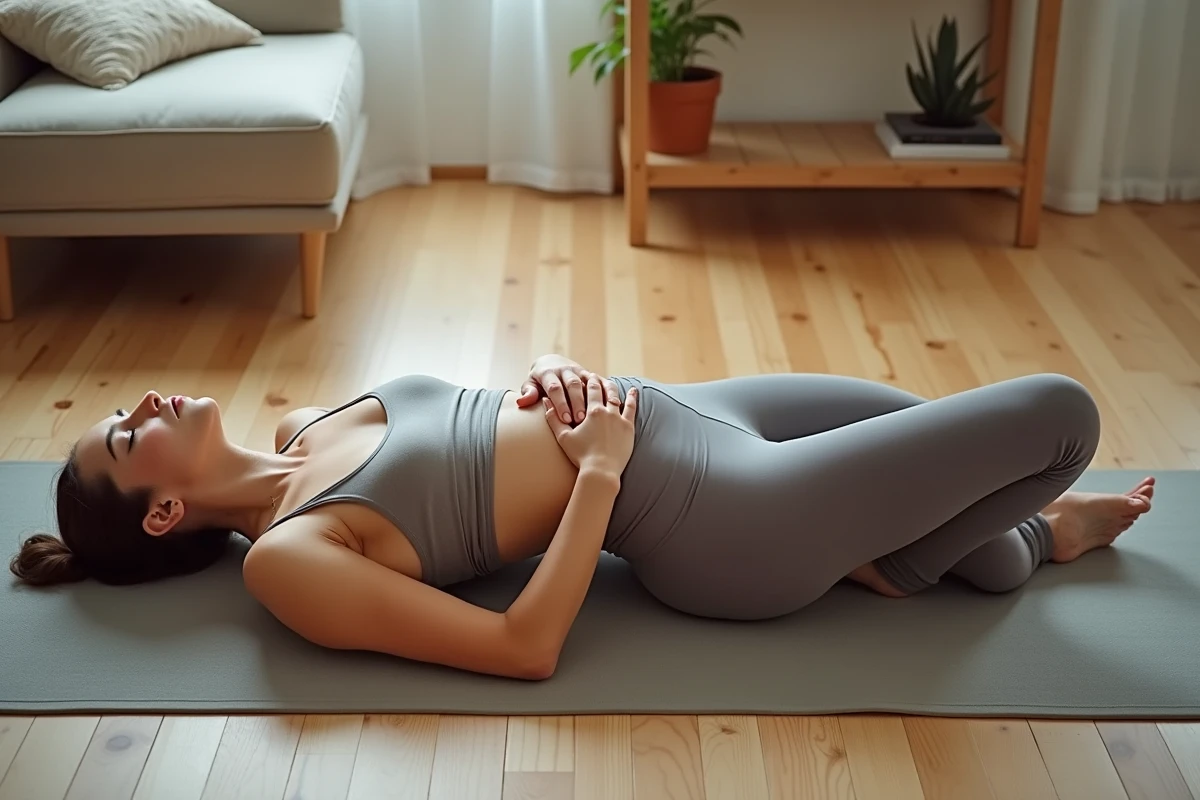 Femme allongée sur un tapis de yoga pratiquant la respiration abdominale chez elle pour éliminer la graisse du ventre naturellement