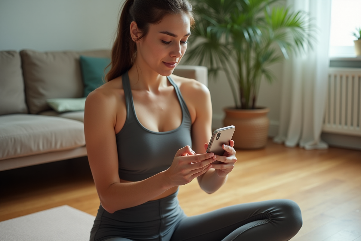 Femme en yoga regardant son smartphone dans un salon lumineux