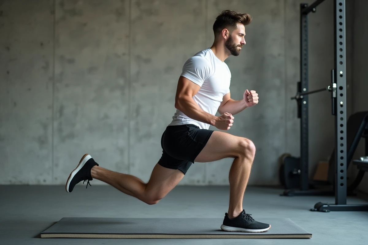 Homme effectuant une fente arrière pour renforcer les jambes dans une salle de sport à domicile