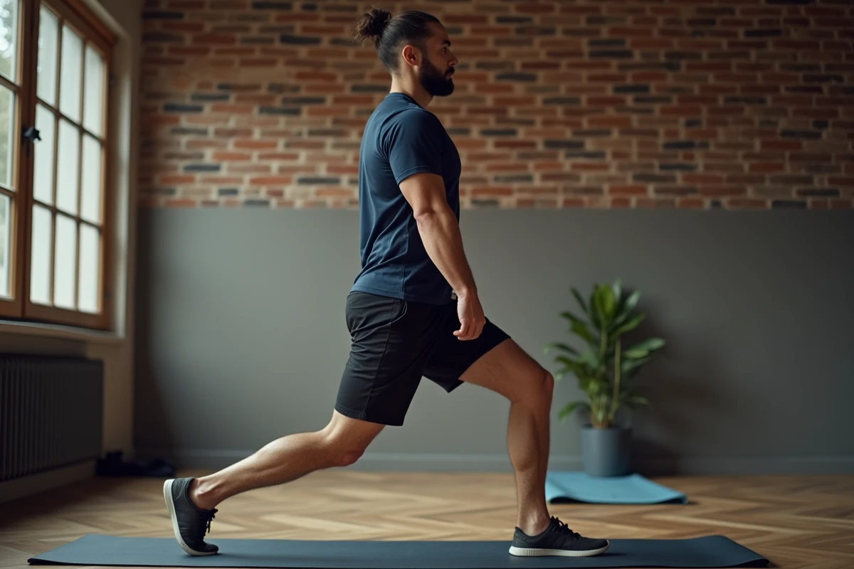 Homme réalisant des fentes avant sur parquet pour renforcer les cuisses sans équipement à domicile