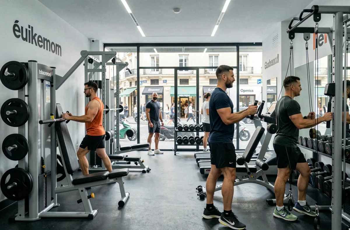 Salle de fitness moderne au cœur du centre-ville de Marseille, vue intérieure avec machines et vitrine urbaine