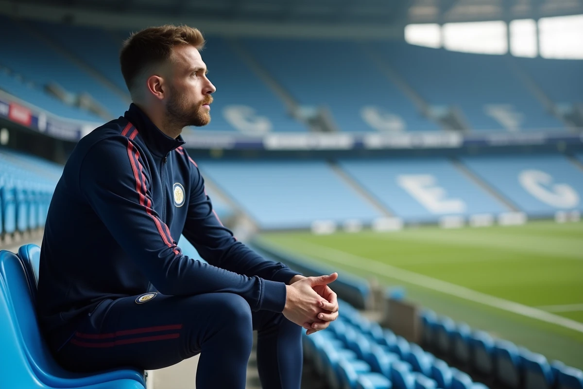 Footballeur pensif assis sur un banc de stade