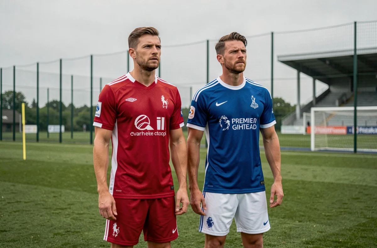 Deux footballeurs professionnels en tenues de Ligue 1 et de Premier League côte à côte sur un terrain d'entraînement, symbolisant le déséquilibre économique entre les deux championnats