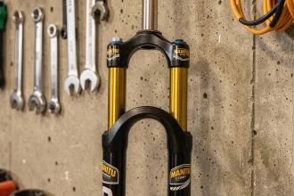 Fourche VTT Manitou Comp en gros plan dans un atelier de vélo, détails des tubes et amortisseur visibles