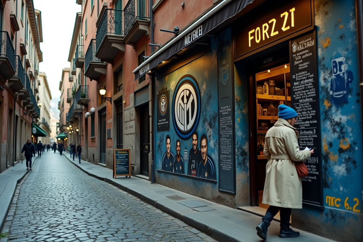 Fresque murale dédiée à l'Inter Milan dans le quartier des Navigli à Milan avec une passante