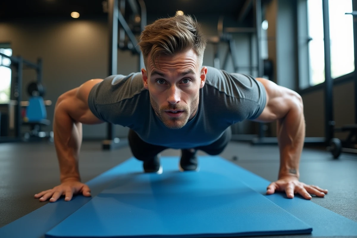 Homme effectuant un gainage sur les avant-bras dans une salle de sport moderne, exercice efficace pour muscler les abdominaux et affiner le ventre