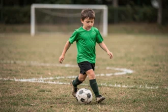 Garçon de 11 ans en tenue de football dribblant un ballon sur un terrain de foot en herbe
