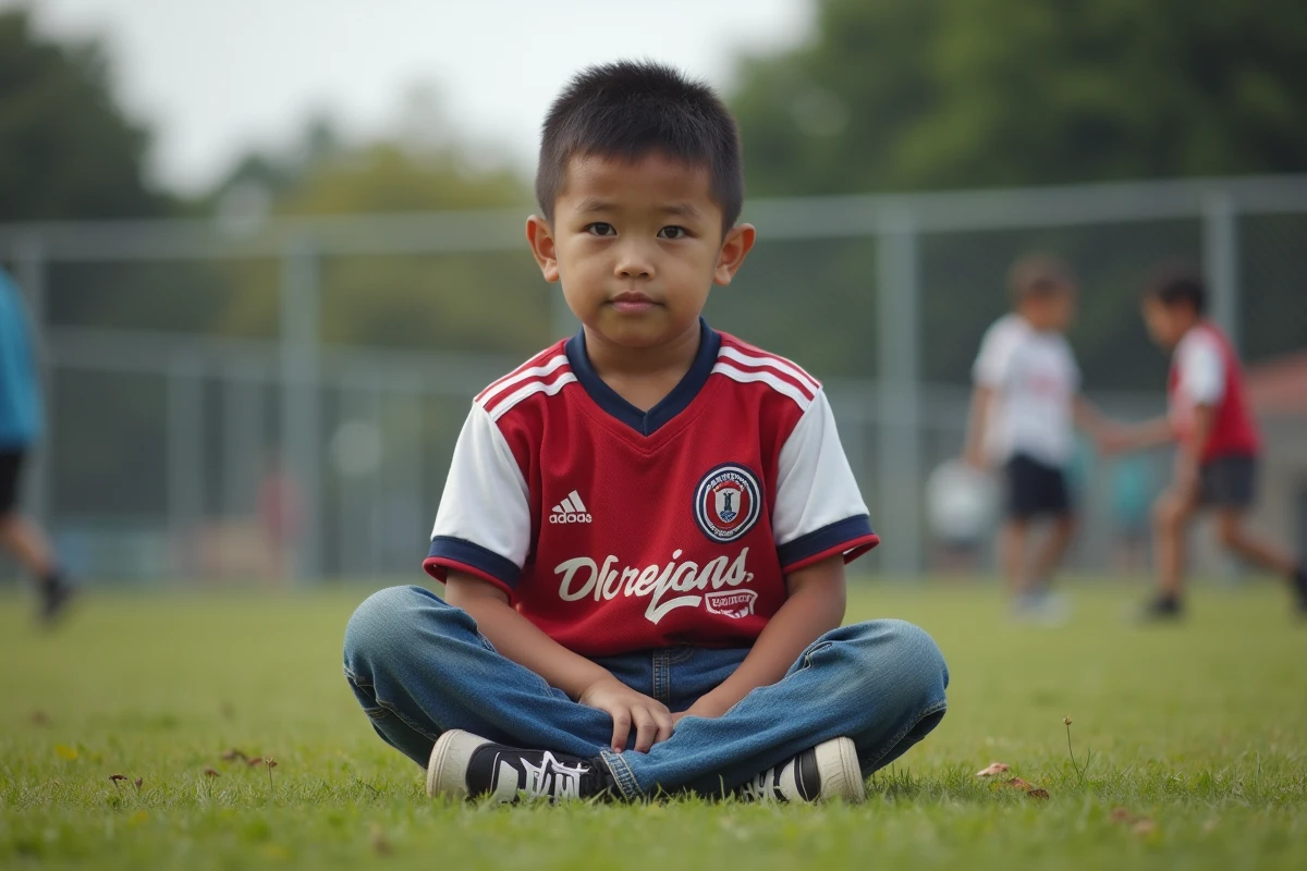 Jeune garçon samoan-américain assis dans un champ avec un maillot de sport