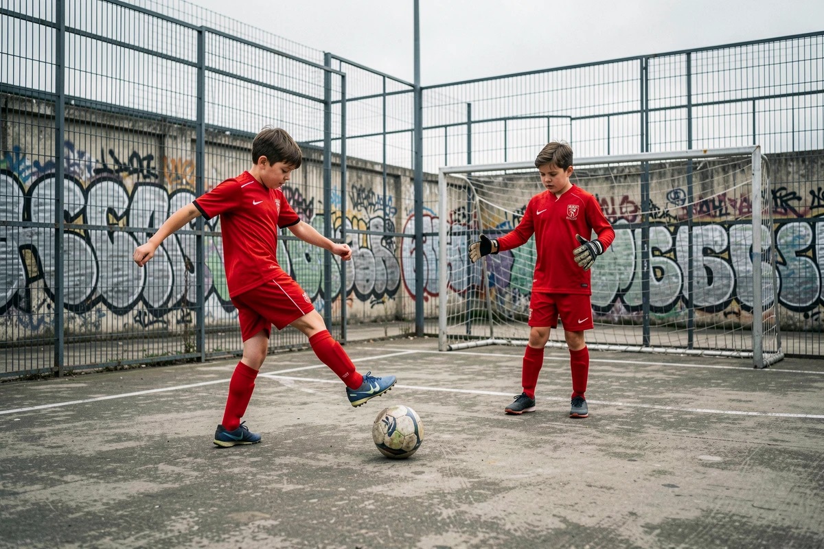 Deux garçons de 11 ans jouant au football dans un city stade urbain avec maillots rouges