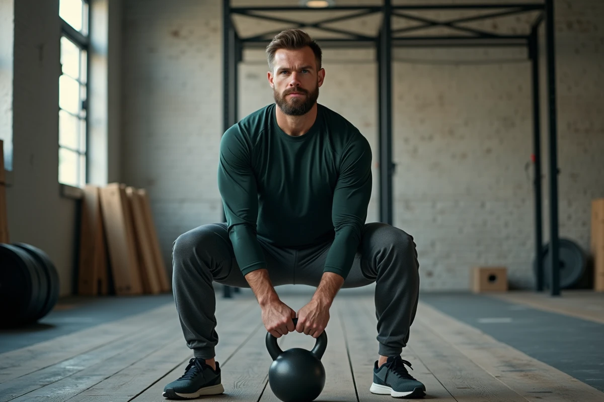Homme réalisant un goblet squat avec kettlebell dans un gymnase CrossFit