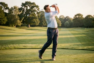 Homme en tenue décontractée jouant au golf sur un parcours de la région parisienne après le travail