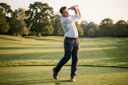 Homme en tenue décontractée jouant au golf sur un parcours de la région parisienne après le travail