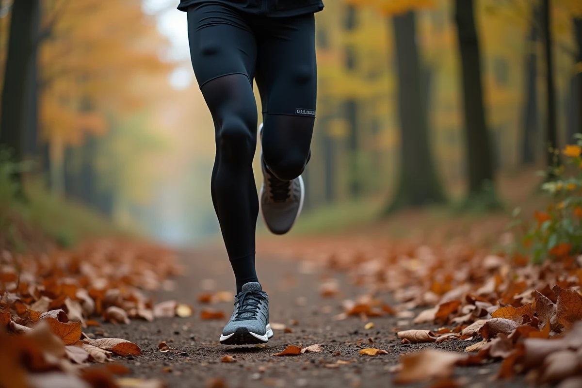 Gros plan sur le genou d'un coureur en compression sur sentier forestier illustrant l'effort musculaire