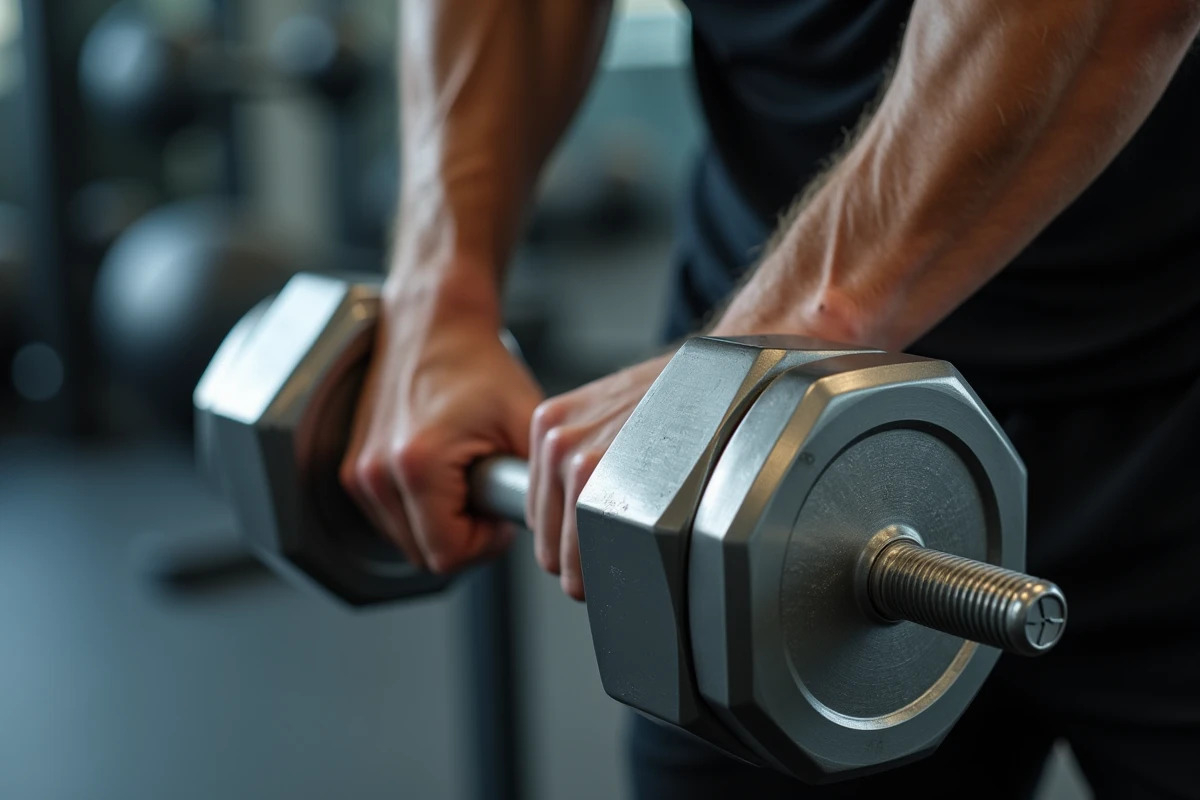 Gros plan détaillé de mains tenant des haltères chromés pendant un exercice de curl biceps