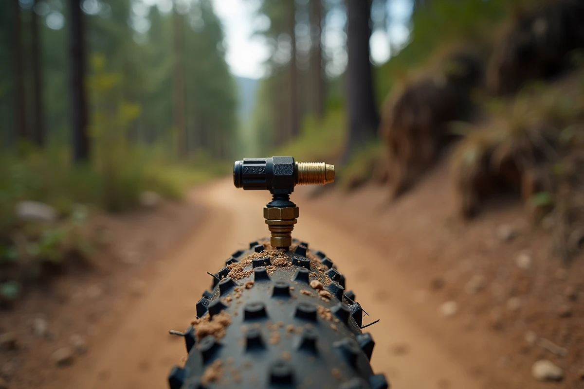 Gros plan sur la valve Presta d'un pneu VTT 26 pouces avec manomètre vissé pour mesurer la pression sur un sentier en terre