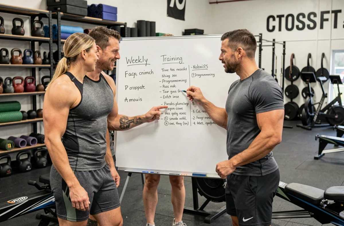 Groupe d'athlètes CrossFit analysant un plan d'entraînement hebdomadaire sur un tableau blanc, stratégie de préparation pour l'Open CrossFit 2026