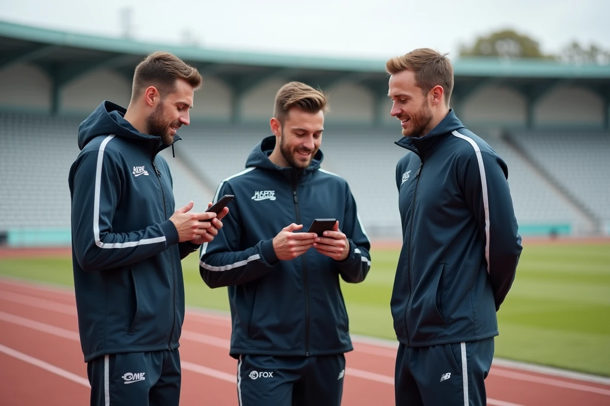 Groupe de coachs sportifs en survêtement discutant sur une piste d'athlétisme en plein air