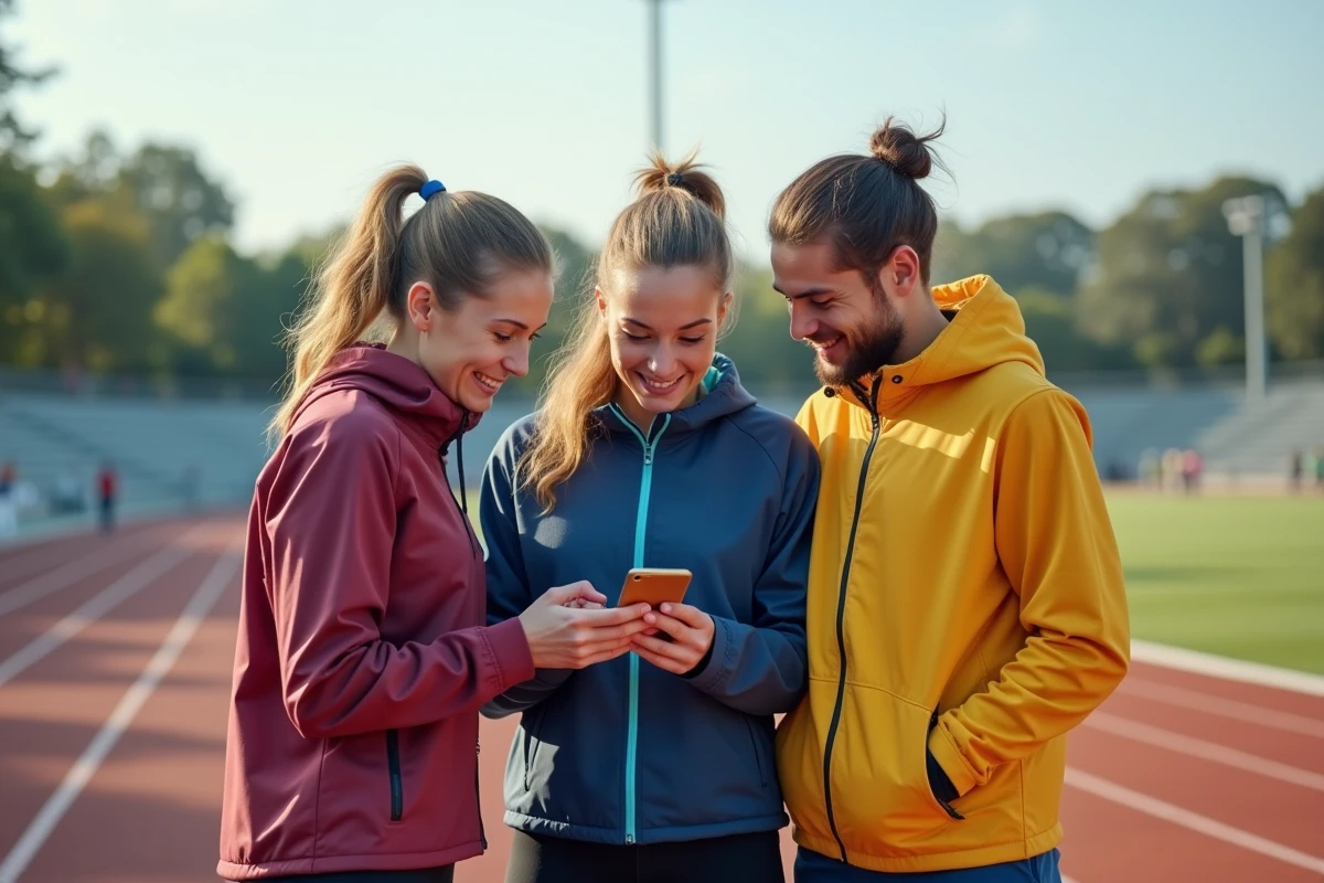 Groupe de coureurs amateurs discutant de leurs statistiques sportives