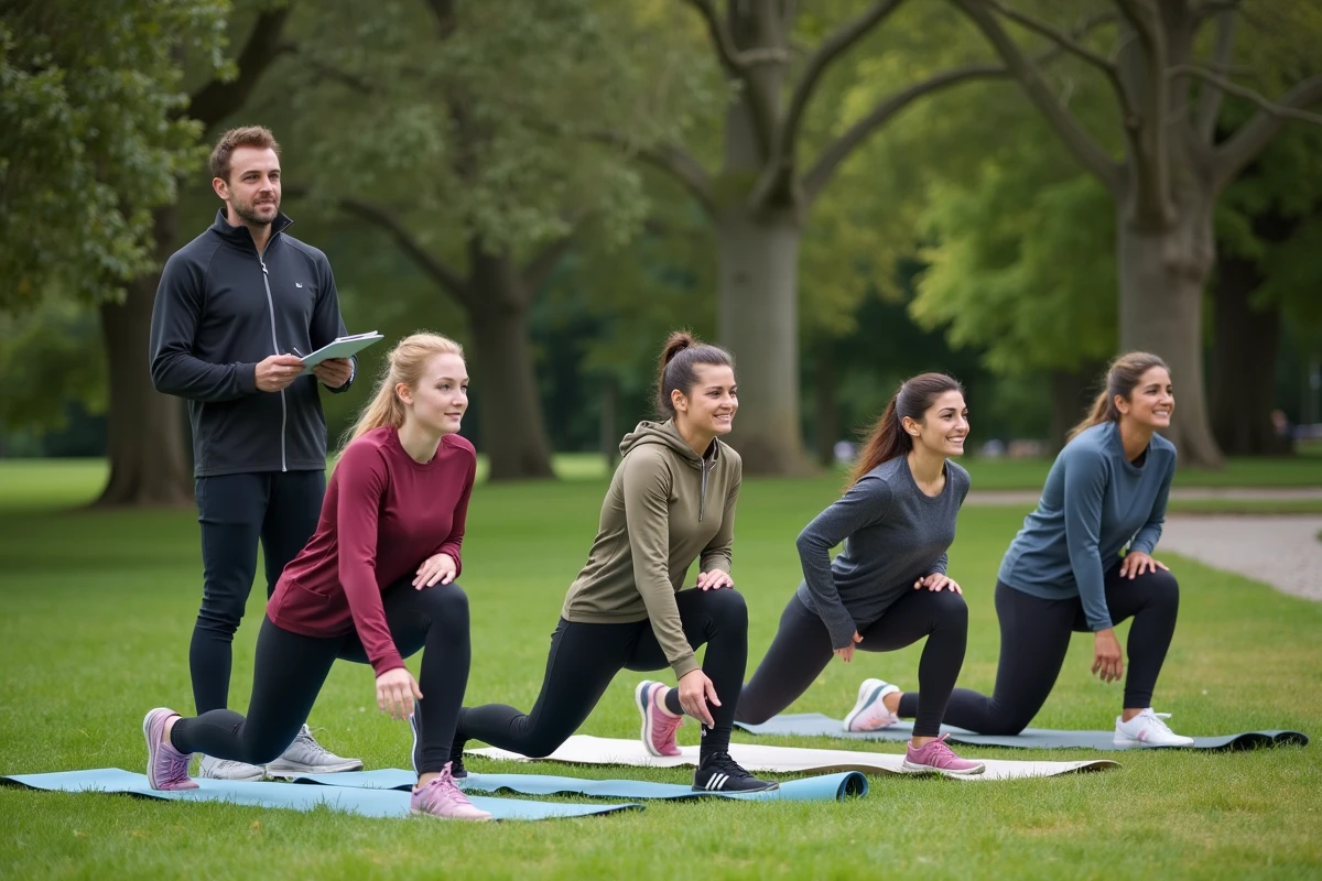 Groupe de personnes en séance de sport collectif avec un coach dans un parc de Limoges