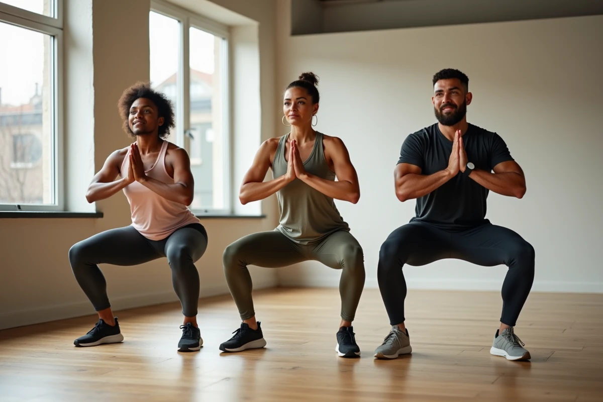 Groupe d'adultes réalisant des squats isométriques contre le mur en cours collectif pour renforcer les genoux