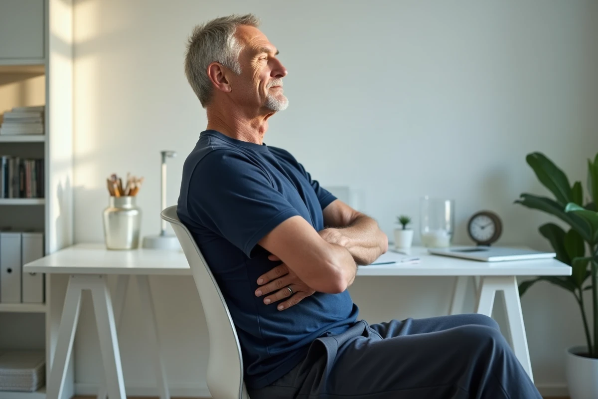 Homme de 60 ans réalisant une rotation du buste assis sur une chaise de bureau pour muscler les abdominaux